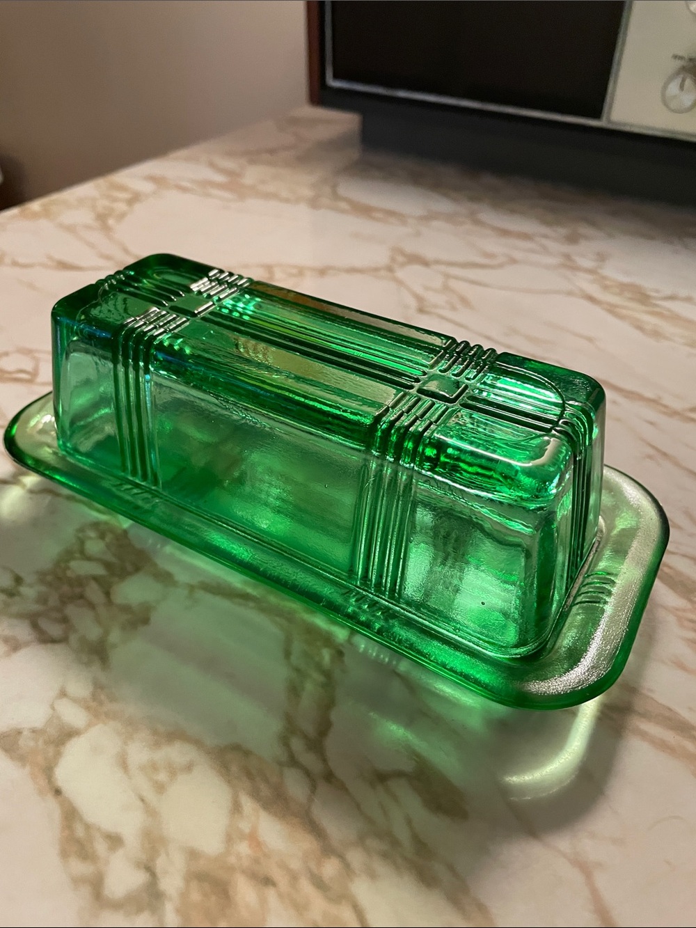 VTG 1940’s Hazel-Atlas Crisscross Pattern Butter Dish Emerald Green Glass